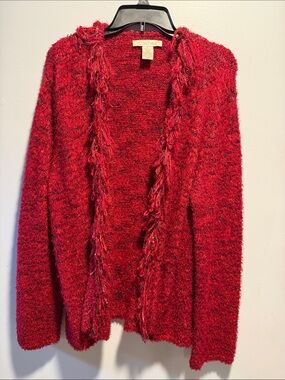 Open-Front Fringe Trim Red Cardigan Sweater